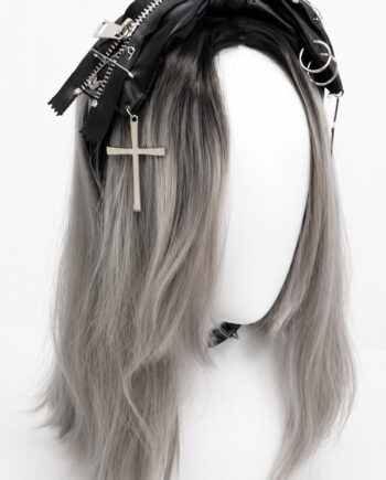 Gothic Bow Headband with Crosses, Safety Pins & Faux Zippers
