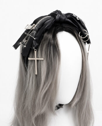 Gothic Bow Headband with Crosses, Safety Pins & Faux Zippers